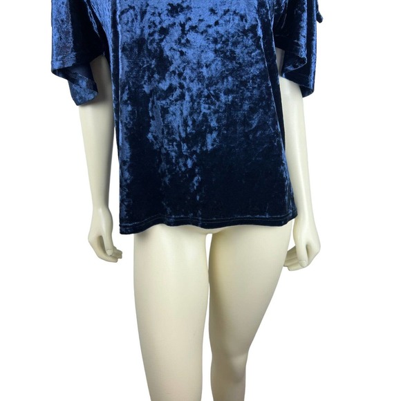 Vanessa Scott Blue Velvet Cold Shoulder Top S Tie Sleeve Open Shoulder Small - Picture 6 of 11